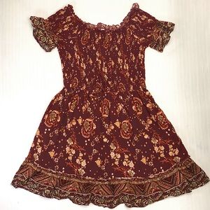 Off-Shoulder Burgundy Printed Mini Sun Dress